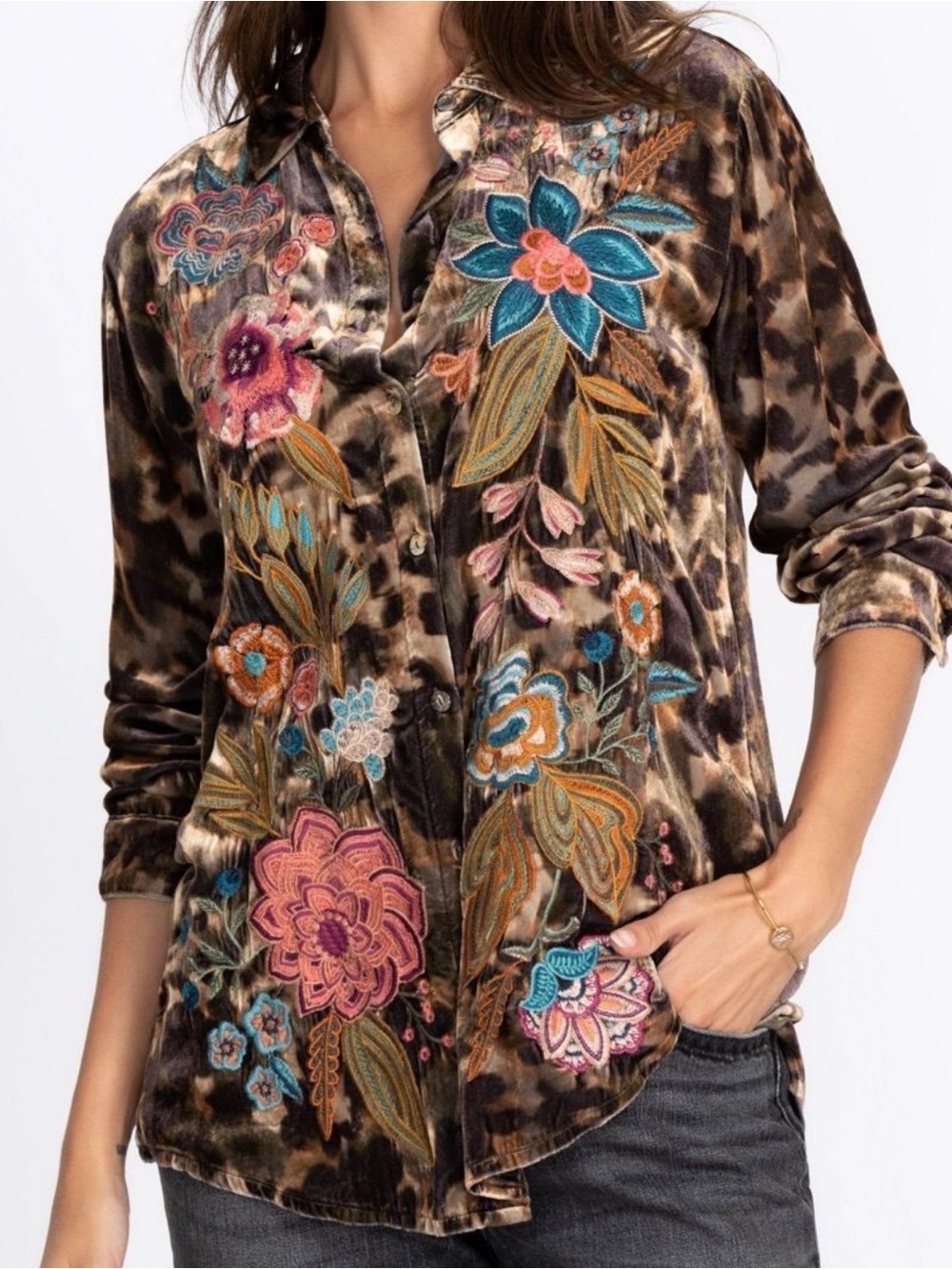 Women's Johnny Was Bianca Oversized  Embroidered Velvet Shirt Size Small